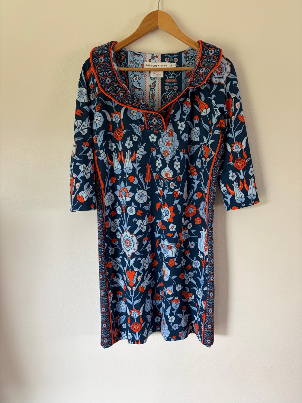 Gretchen Scott Blue & Orange‎ Floral V-Neck Ruffle Collar Dress Size Medium